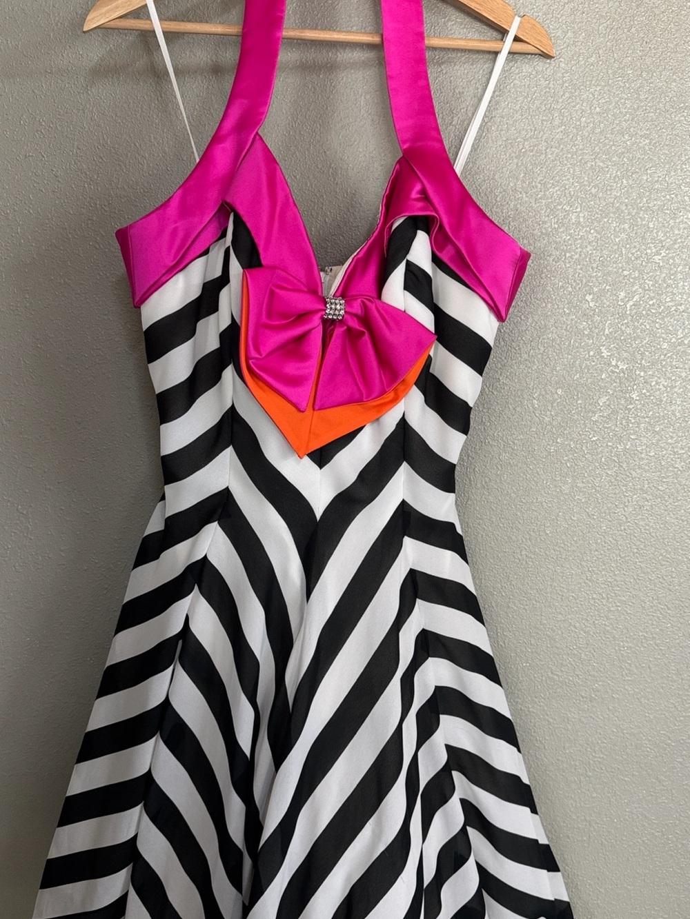 Black & White Chevron Dress with Hot Pink and Orange Bow